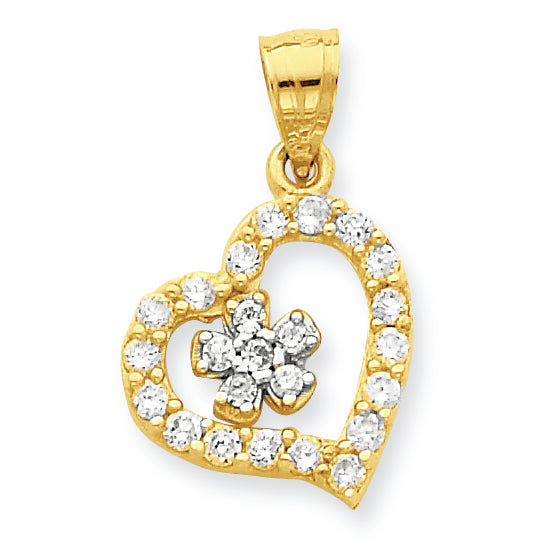 10K Gold CZ Heart & Flower Pendant