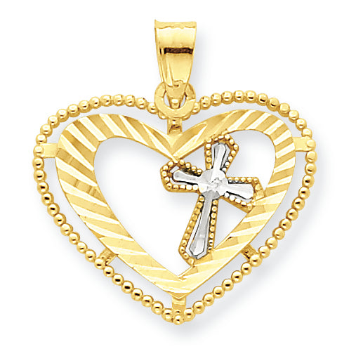 10K Gold & Rhodium Heart w/Cross Charm