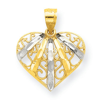 10K Gold & Rhodium Diamond-Cut Filigree Heart Pendant