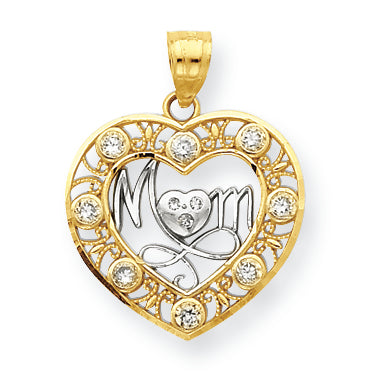 10K Gold & Rhodium CZ Mom Heart Pendant