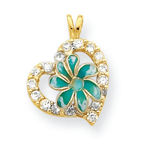 10K Gold Enamel Flower & CZ Heart Pendant