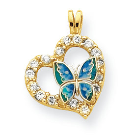 10K Gold Enamel Butterfly & CZ Heart Pendant