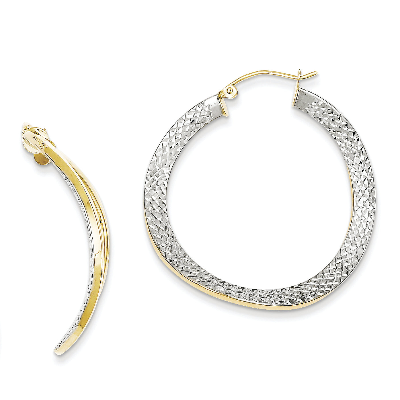 10K Gold & Rhodium 1-Sided Textured Wavy Hoop Earrings