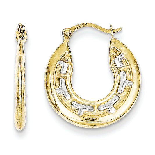 10K Gold & Rhodium Patterned Hollow Hoop Earrings