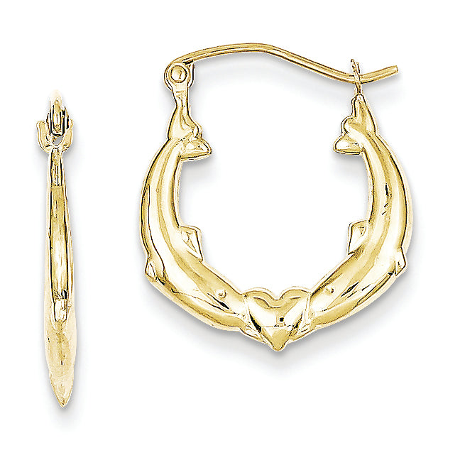 10K Gold Dolphin Heart Hollow Hoop Earrings