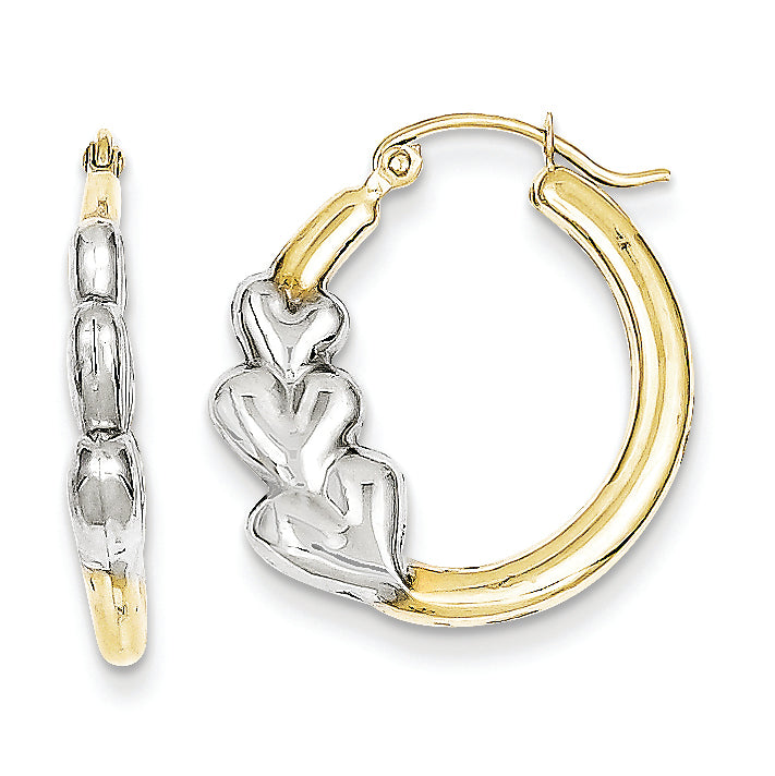 10K Gold & Rhodium Hearts Hollow Hoop Earrings
