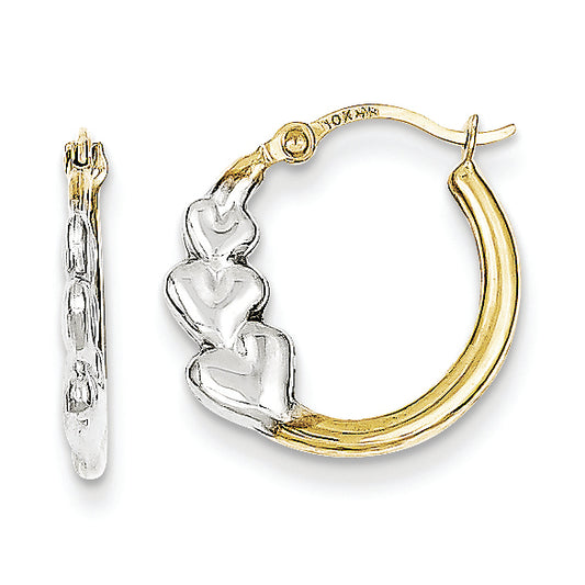 10K Gold & Rhodium and Hearts Hollow Hoop Earrings