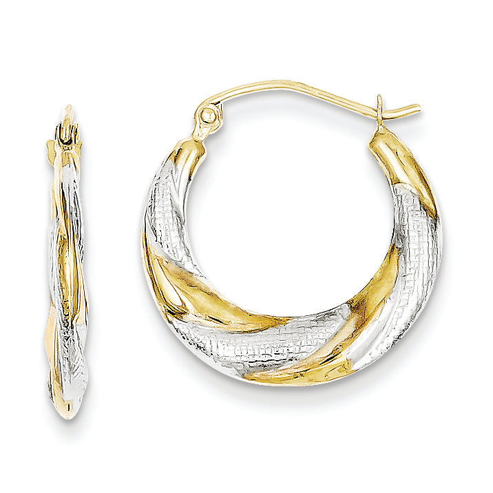 10K Gold & Rhodium Twist Hollow Hoop Earrings