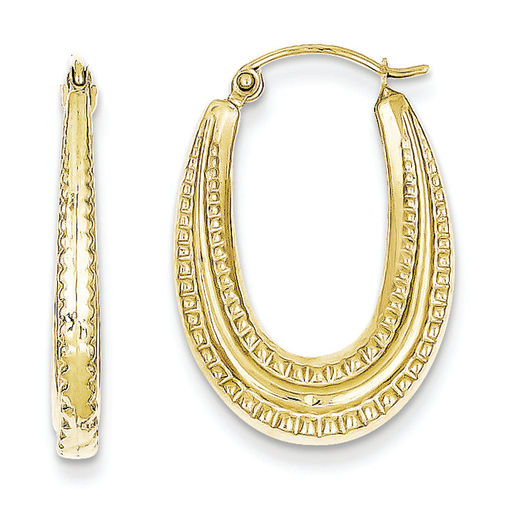 10K Gold Textured Oval Hollow Hoop Earrings