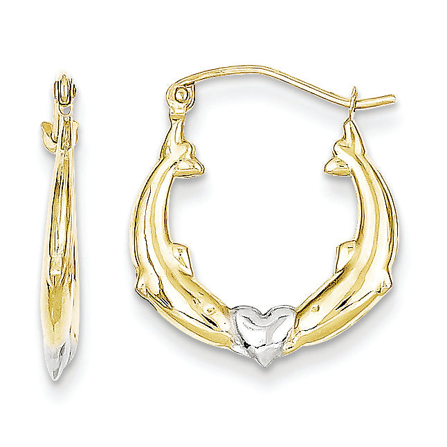10K Gold & Rhodium Dolphin Heart Hollow Hoop Earrings