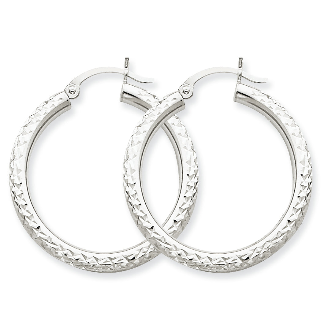 10K White Gold Diamond-cut 3mm Round Hoop Earrings
