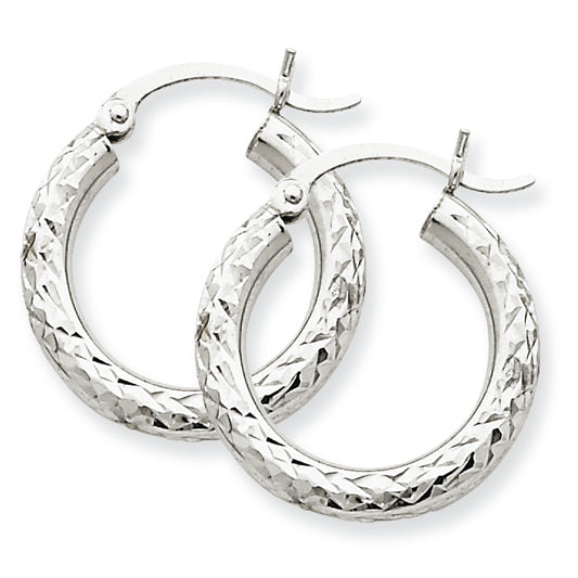 10K White Gold Diamond-cut 3mm Round Hoop Earrings