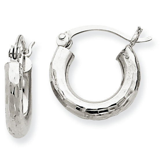10K White Gold Diamond-cut 3mm Round Hoop Earrings