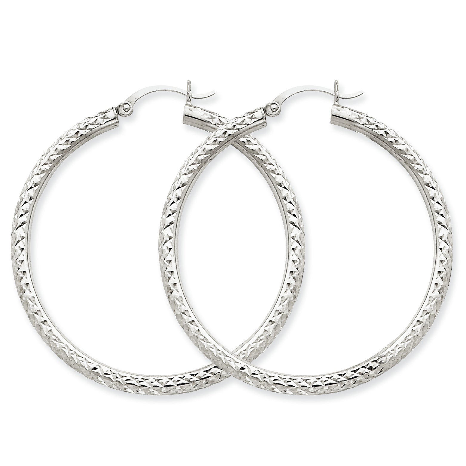 10K White Gold Diamond-cut 3mm Round Hoop Earrings