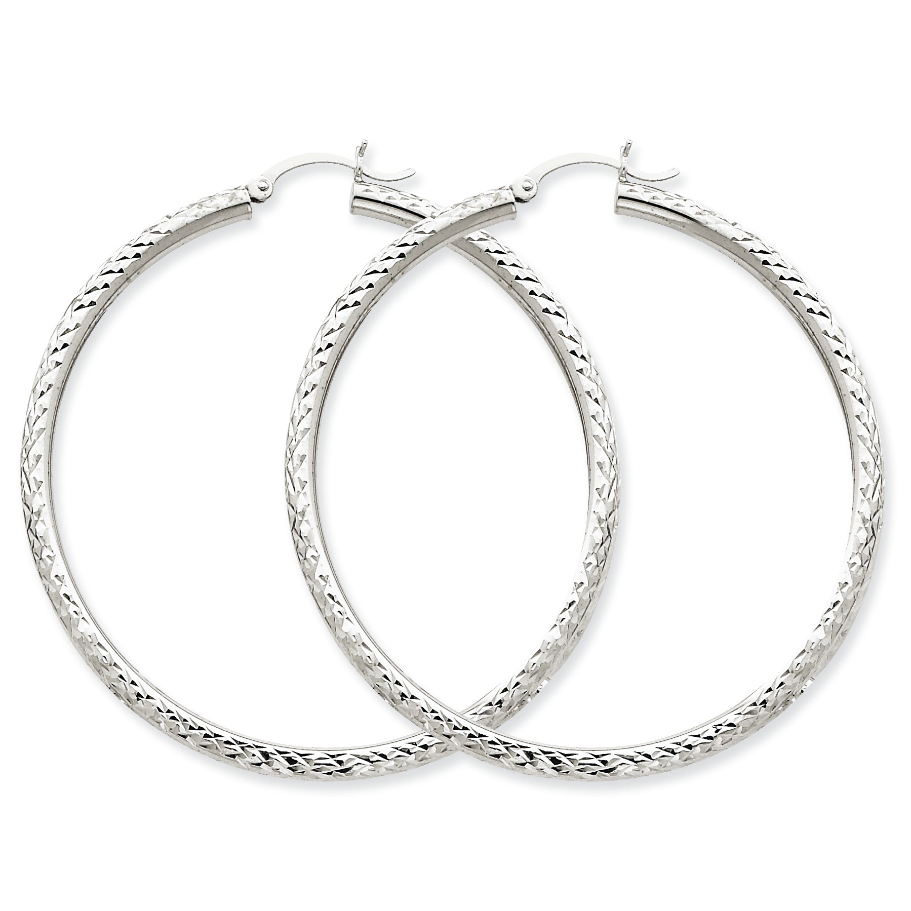 10K White Gold Diamond-cut 3mm Round Hoop Earrings