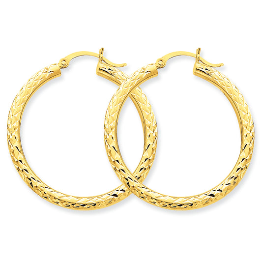 10K Gold Diamond-cut 3mm Round Hoop Earrings