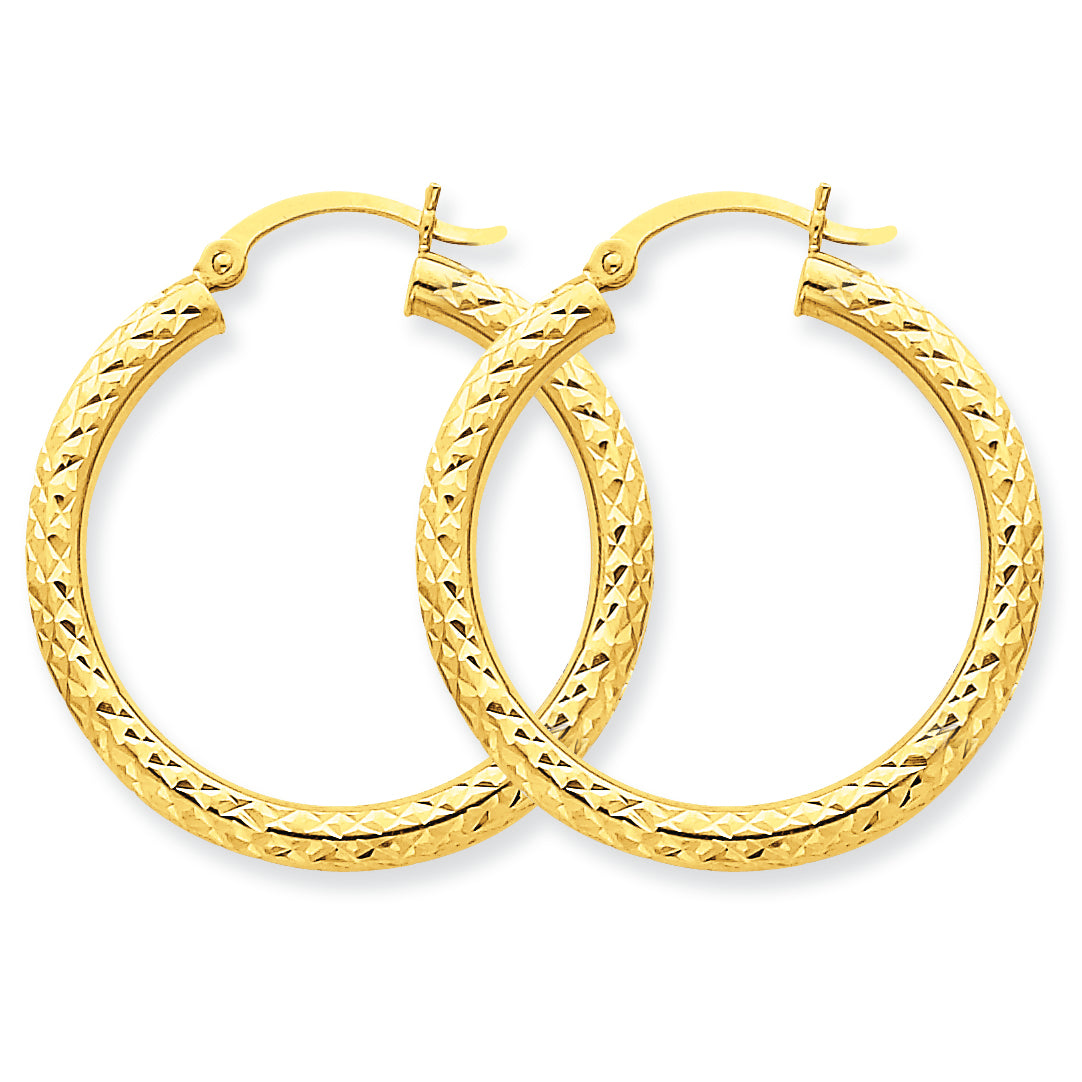 10K Gold Diamond-cut 3mm Round Hoop Earrings