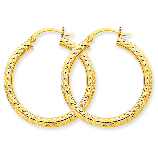 10K Gold Diamond-cut 3mm Round Hoop Earrings