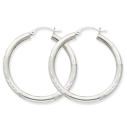 10K White Gold Satin & Diamond-cut 3mm Round Hoop Earrings