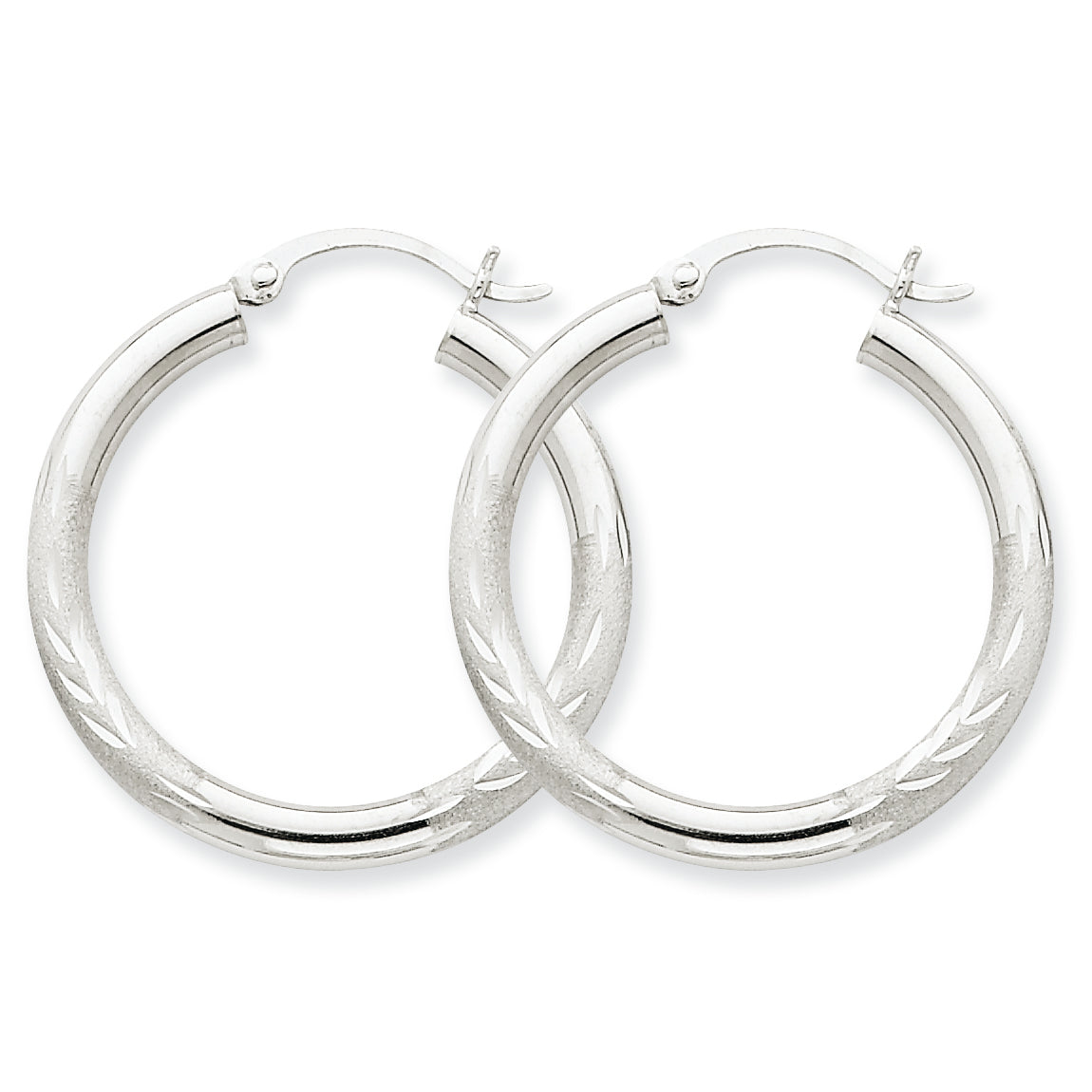 10K White Gold Satin & Diamond-cut 3mm Round Hoop Earrings