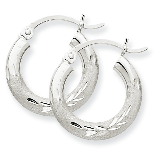10K White Gold Satin & Diamond-cut 3mm Round Hoop Earrings