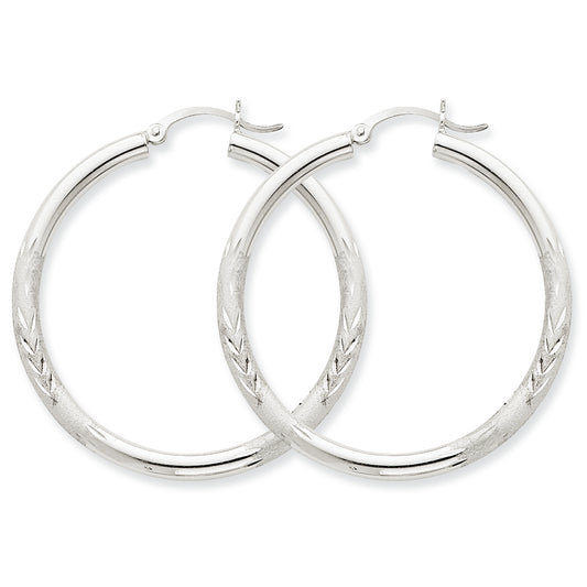 10K White Gold Satin & Diamond-cut 3mm Round Hoop Earrings