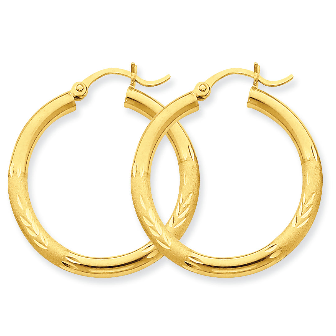 10K Gold Satin & Diamond-cut 3mm Round Hoop Earrings