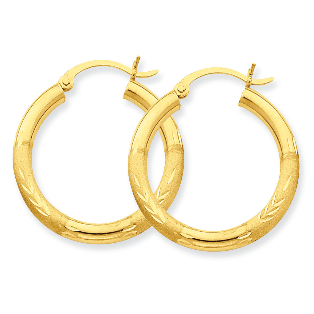 10K Gold Satin & Diamond-cut 3mm Round Hoop Earrings