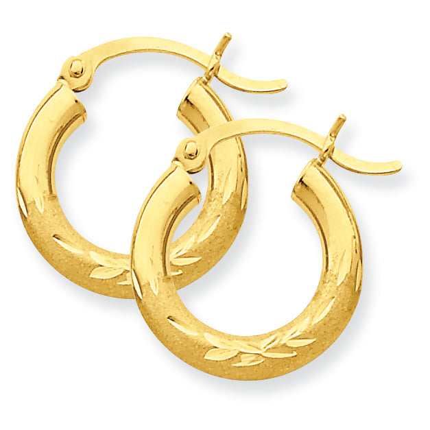 10K Gold Satin & Diamond-cut 3mm Round Hoop Earrings