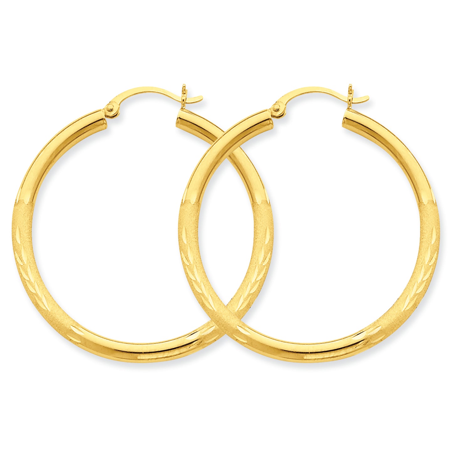 10K Gold Satin & Diamond-cut 3mm Round Hoop Earrings