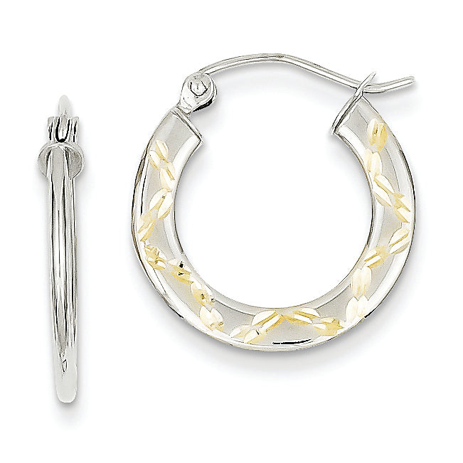 10K White Gold & Yellow Rhodium Diamond Cut Hoop Earrings