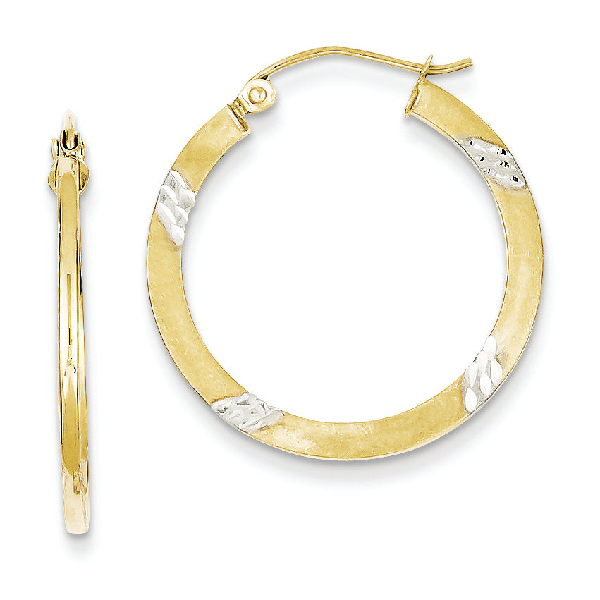 10K Gold & Rhodium Satin Diamond Cut Flat Hoop Earrings
