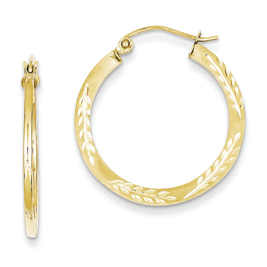 10K Gold Satin Diamond Cut Hoop Earrings