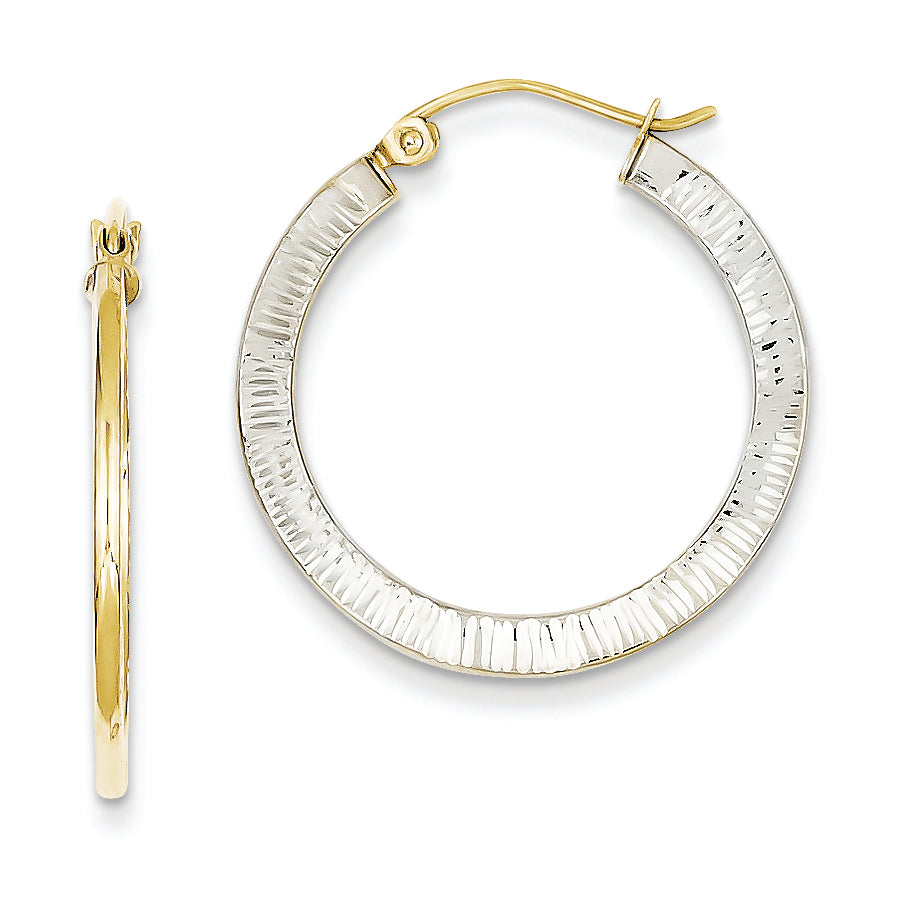 10K Gold & Rhodium Textured Flat Hoop Earrings