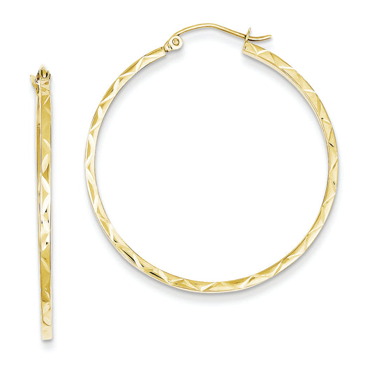 10K Gold 1.5x35mm Diamond Cut Hoop Earrings