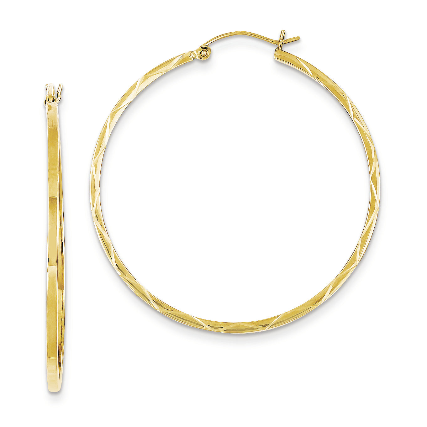 10K Gold 1.5x40mm Diamond Cut Hoop Earrings