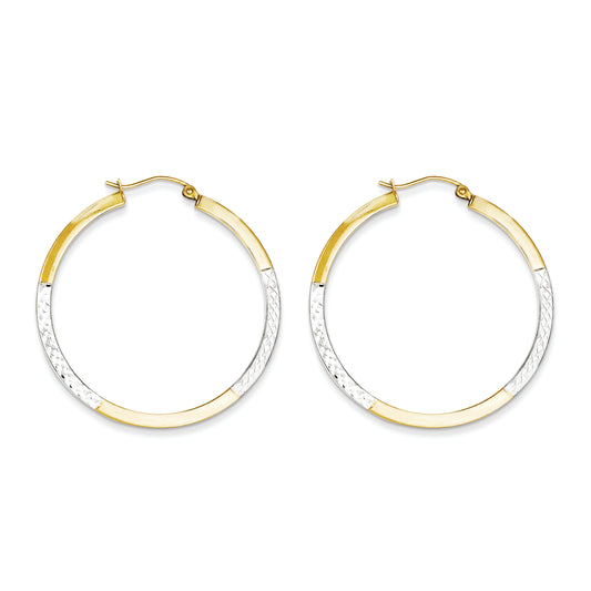 10K Gold & Rhodium Diamond Cut 2.5x40mm Hoop Earrings