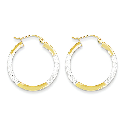 10K Gold & Rhodium Diamond Cut 2.5x20mm Hoop Earrings