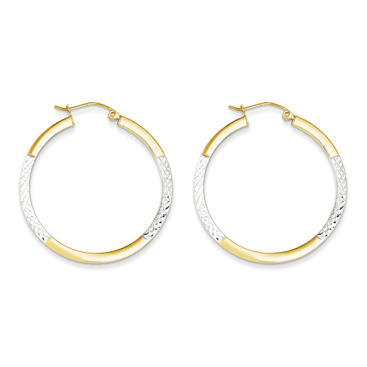 10K Gold & Rhodium Diamond Cut 2.5x20mm Hoop Earrings