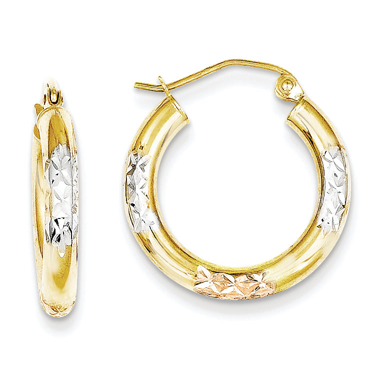 10K Gold White & Rose Rhodium D/C 3x20mm Hoop Earrings
