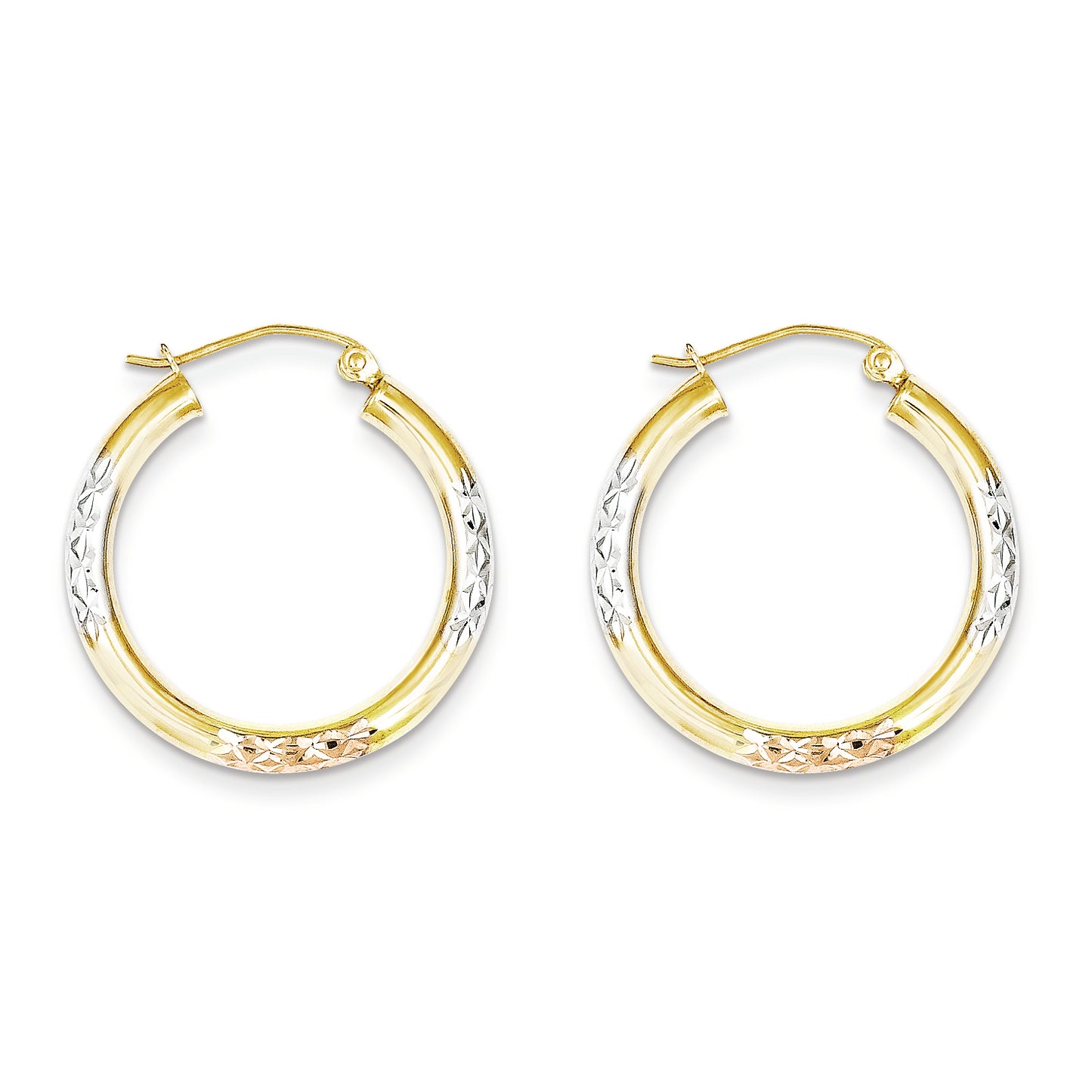 10K Gold White & Rose Rhodium D/C 3x25mm Hoop Earrings