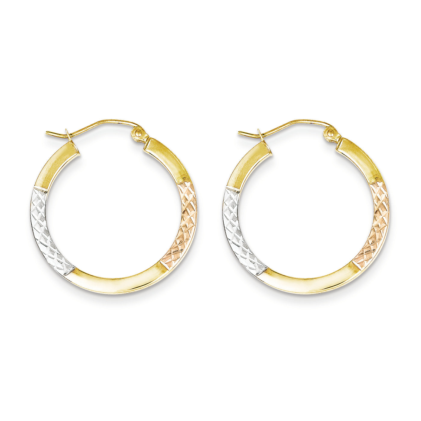 10K Gold White & Rose Rhodium D/C 2.5x25mm Hoop Earrings