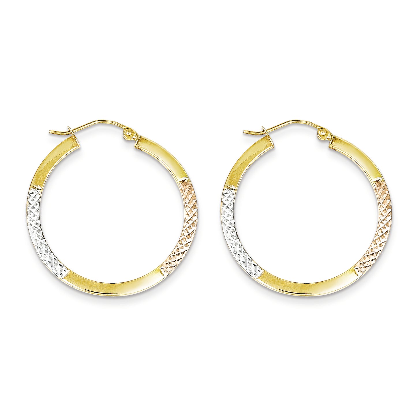 10K Gold White & Rose Rhodium D/C 2.5x30mm Hoop Earrings