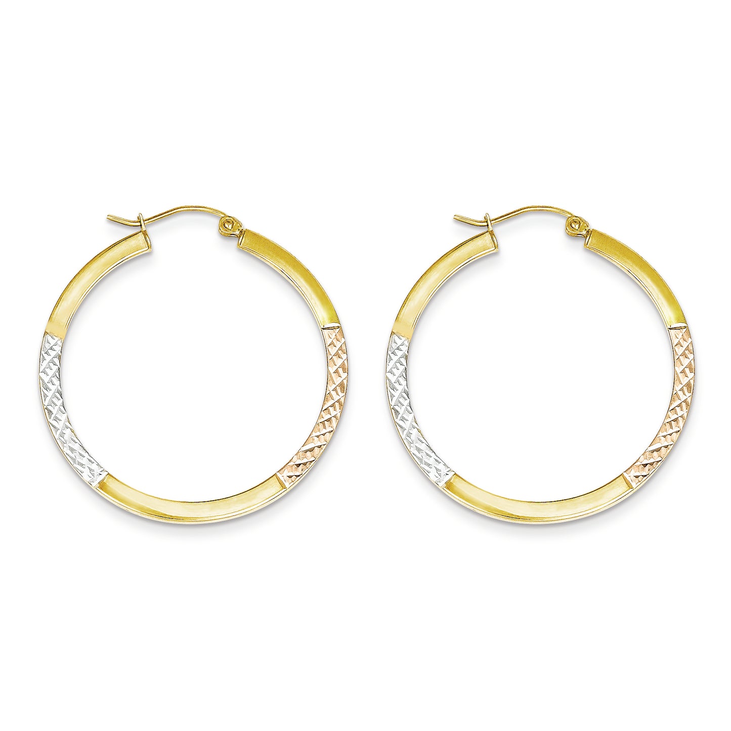 10K Gold White & Rose Rhodium D/C 2.5x35mm Hoop Earrings
