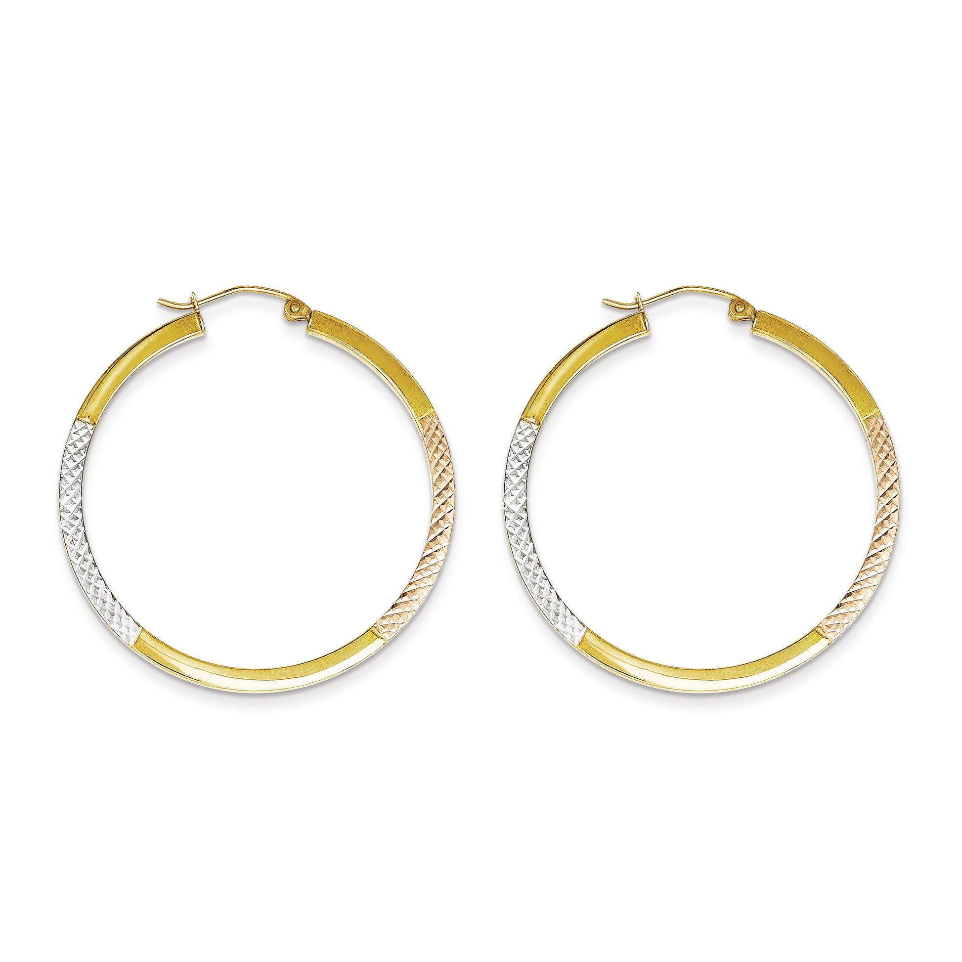 10K Gold White & Rose Rhodium D/C 2.5x40mm Hoop Earrings