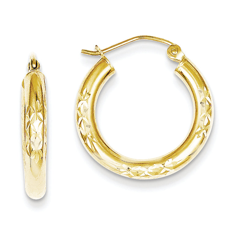 10K Gold Diamond Cut 3x20mm Hollow Tube Hoop Earrings