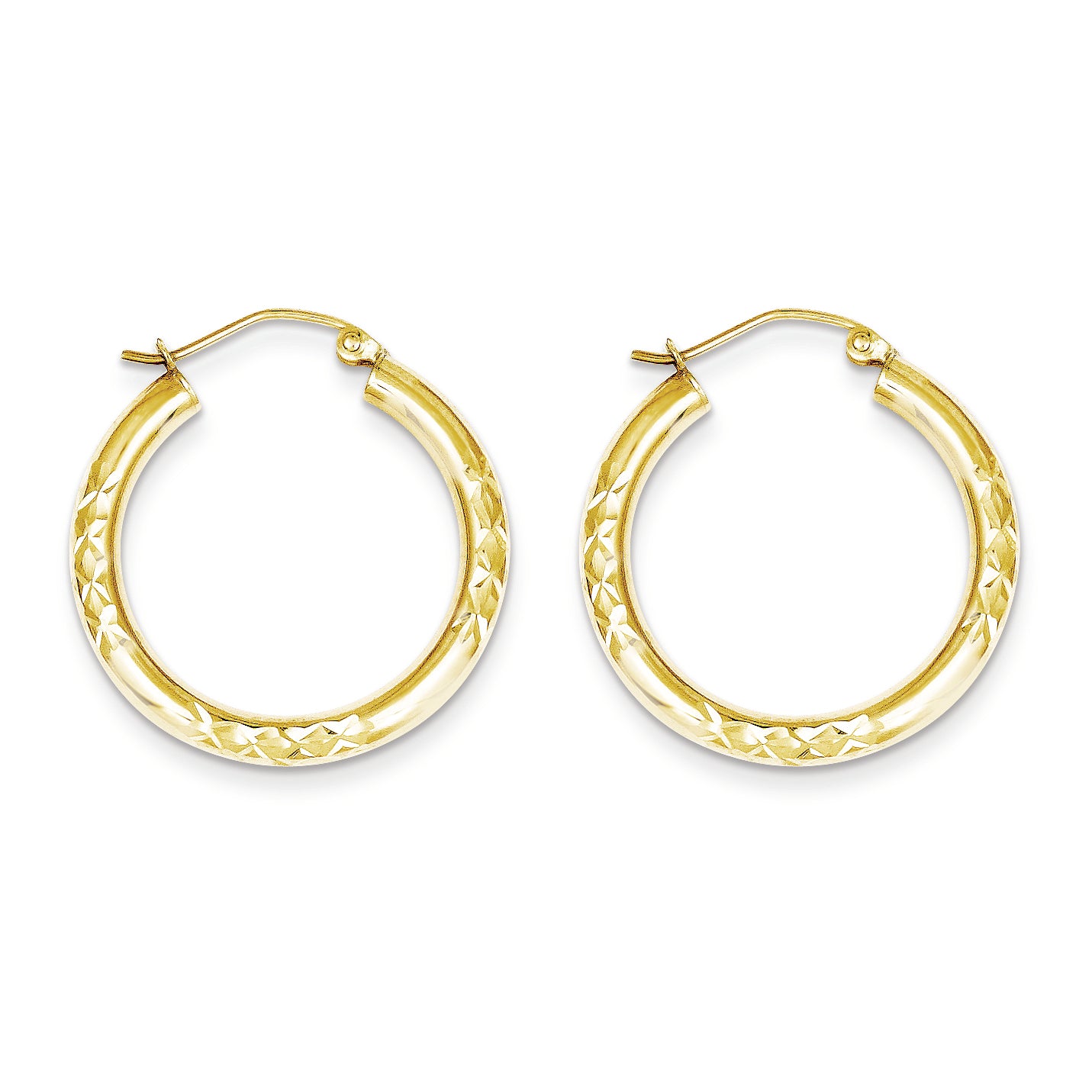 10K Gold Diamond Cut 3x25mm Hollow Tube Hoop Earrings