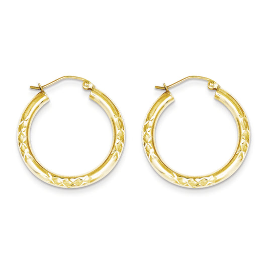 10K Gold Diamond Cut 3x25mm Hollow Tube Hoop Earrings