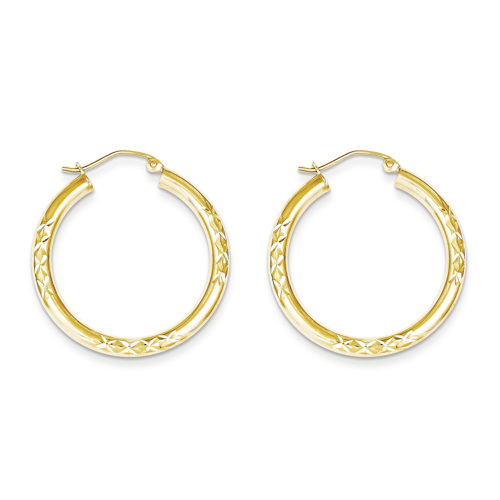 10K Gold Diamond Cut 3x30mm Hollow Tube Hoop Earrings