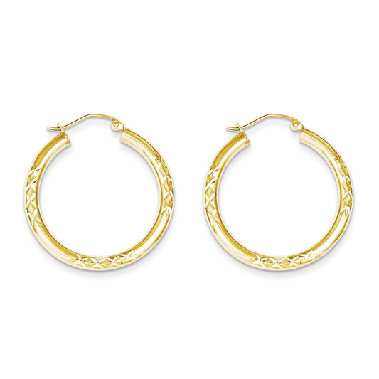 10K Gold Diamond Cut 3x30mm Hollow Tube Hoop Earrings